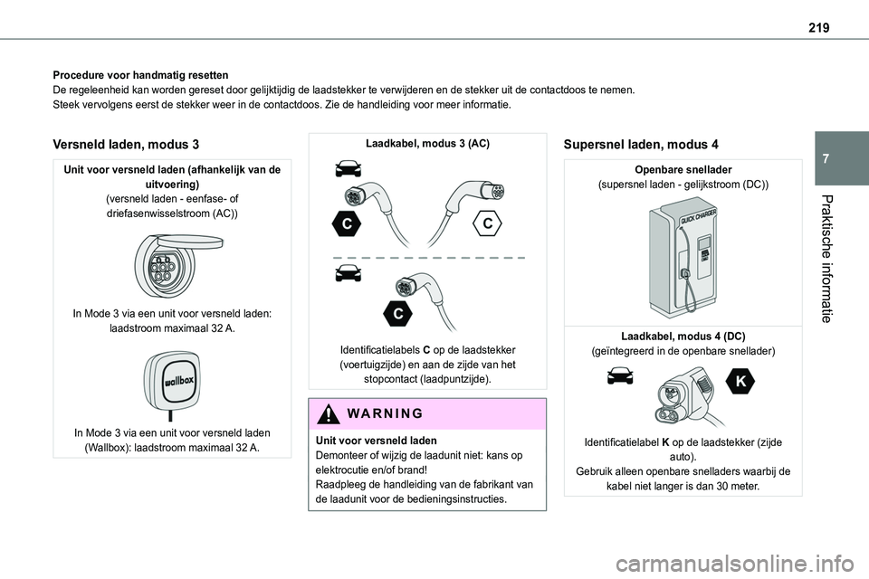 TOYOTA PROACE 2022 Instructieboekje (in Dutch) 219
Praktische informatie
7
Procedure voor handmatig resettenDe regeleenheid kan worden gereset door gelijktijdig de laadstekker te v\
erwijderen en de stekker uit de contactdoos te nemen.Steek vervol TOYOTA PROACE 2022 Instructieboekje (in Dutch) 219
Praktische informatie
7
Procedure voor handmatig resettenDe regeleenheid kan worden gereset door gelijktijdig de laadstekker te v\
erwijderen en de stekker uit de contactdoos te nemen.Steek vervol