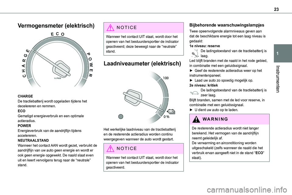 TOYOTA PROACE 2022  Instructieboekje (in Dutch) 23
Instrumenten
1
Vermogensmeter (elektrisch) 
 
CHARGEDe tractiebatterij wordt opgeladen tijdens het decelereren en remmen.ECOGematigd energieverbruik en een optimale actieradius.POWEREnergieverbruik