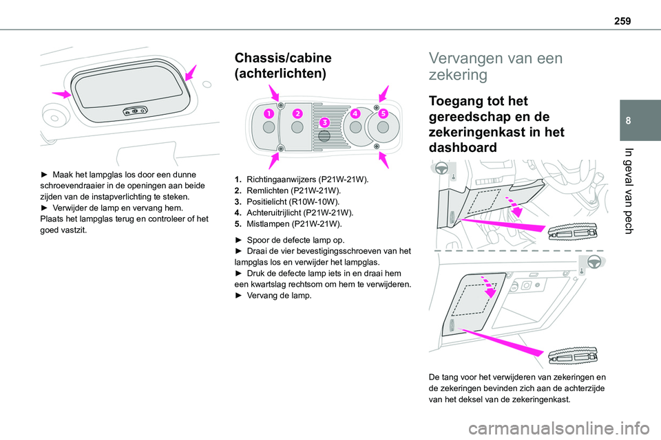 TOYOTA PROACE 2022 Instructieboekje (in Dutch) 259
In geval van pech
8
► Maak het lampglas los door een dunne schroevendraaier in de openingen aan beide zijden van de instapverlichting te steken.► Verwijder de lamp en vervang hem.Plaats het TOYOTA PROACE 2022 Instructieboekje (in Dutch) 259
In geval van pech
8
► Maak het lampglas los door een dunne schroevendraaier in de openingen aan beide zijden van de instapverlichting te steken.► Verwijder de lamp en vervang hem.Plaats het