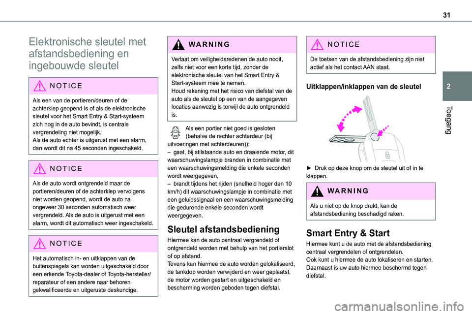TOYOTA PROACE 2022  Instructieboekje (in Dutch) 31
Toegang
2
Elektronische sleutel met 
afstandsbediening en 
ingebouwde sleutel
NOTIC E
Als een van de portieren/deuren of de achterklep geopend is of als de elektronische 
sleutel voor het Smart Ent