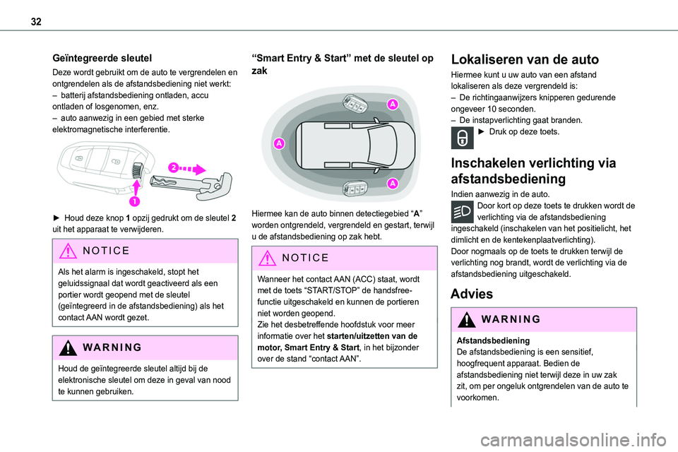 TOYOTA PROACE 2022  Instructieboekje (in Dutch) 32
Geïntegreerde sleutel
Deze wordt gebruikt om de auto te vergrendelen en ontgrendelen als de afstandsbediening niet werkt:– batterij afstandsbediening ontladen, accu ontladen of losgenomen, enz.�