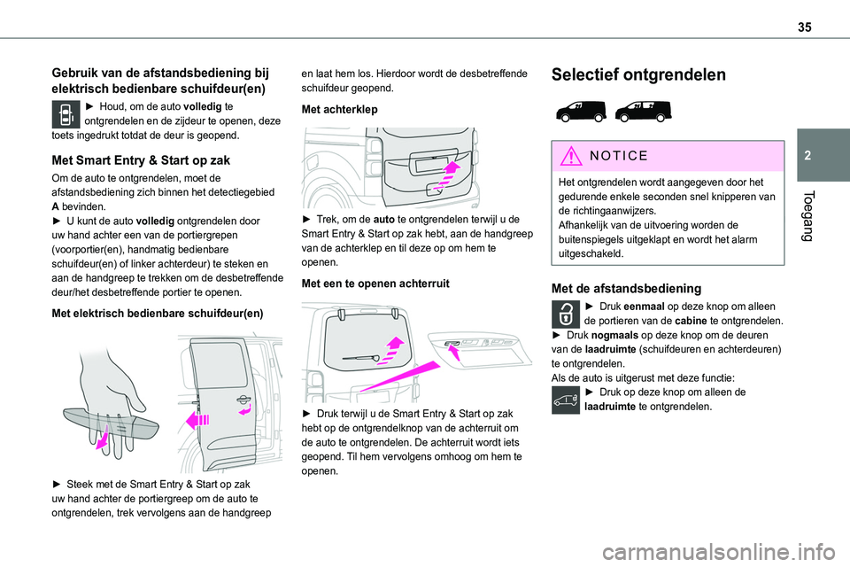 TOYOTA PROACE 2022  Instructieboekje (in Dutch) 35
Toegang
2
Gebruik van de afstandsbediening bij 
elektrisch bedienbare schuifdeur(en)
► Houd, om de auto volledig te ontgrendelen en de zijdeur te openen, deze toets ingedrukt totdat de deur is ge