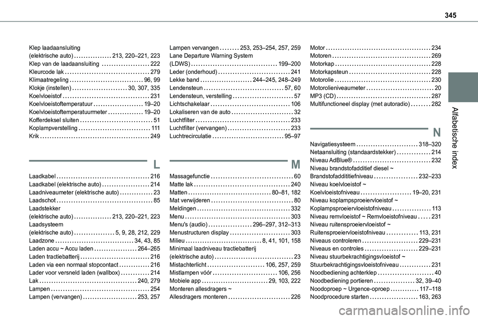 TOYOTA PROACE 2022 Instructieboekje (in Dutch) 345
Alfabetische index
Klep laadaansluiting (elektrische auto) 213, 220–221, 223Klep van de laadaansluiting 222Kleurcode lak 279Klimaatregeling 96, 99Klokje (instellen) 30, 307, 335Koelv TOYOTA PROACE 2022 Instructieboekje (in Dutch) 345
Alfabetische index
Klep laadaansluiting (elektrische auto) 213, 220–221, 223Klep van de laadaansluiting 222Kleurcode lak 279Klimaatregeling 96, 99Klokje (instellen) 30, 307, 335Koelv