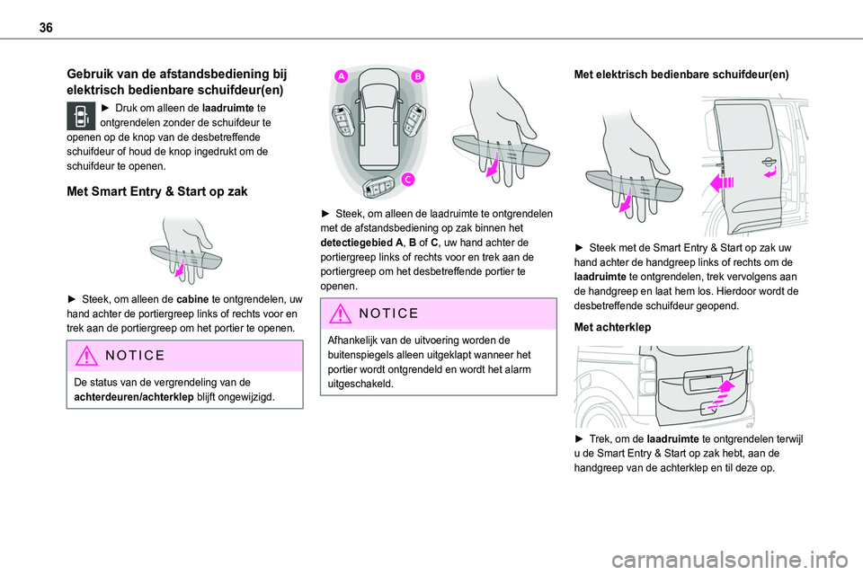 TOYOTA PROACE 2022 Instructieboekje (in Dutch) 36
Gebruik van de afstandsbediening bij
elektrisch bedienbare schuifdeur(en)
► Druk om alleen de laadruimte te ontgrendelen zonder de schuifdeur te openen op de knop van de desbetreffende schuifdeu TOYOTA PROACE 2022 Instructieboekje (in Dutch) 36
Gebruik van de afstandsbediening bij
elektrisch bedienbare schuifdeur(en)
► Druk om alleen de laadruimte te ontgrendelen zonder de schuifdeur te openen op de knop van de desbetreffende schuifdeu