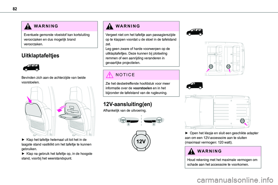 TOYOTA PROACE 2022 Instructieboekje (in Dutch) 82
WARNI NG
Eventuele gemorste vloeistof kan kortsluiting veroorzaken en dus mogelijk brand veroorzaken.
Uitklaptafeltjes
Bevinden zich aan de achterzijde van beide voorstoelen.
► Klap het taf TOYOTA PROACE 2022 Instructieboekje (in Dutch) 82
WARNI NG
Eventuele gemorste vloeistof kan kortsluiting veroorzaken en dus mogelijk brand veroorzaken.
Uitklaptafeltjes
Bevinden zich aan de achterzijde van beide voorstoelen.
► Klap het taf