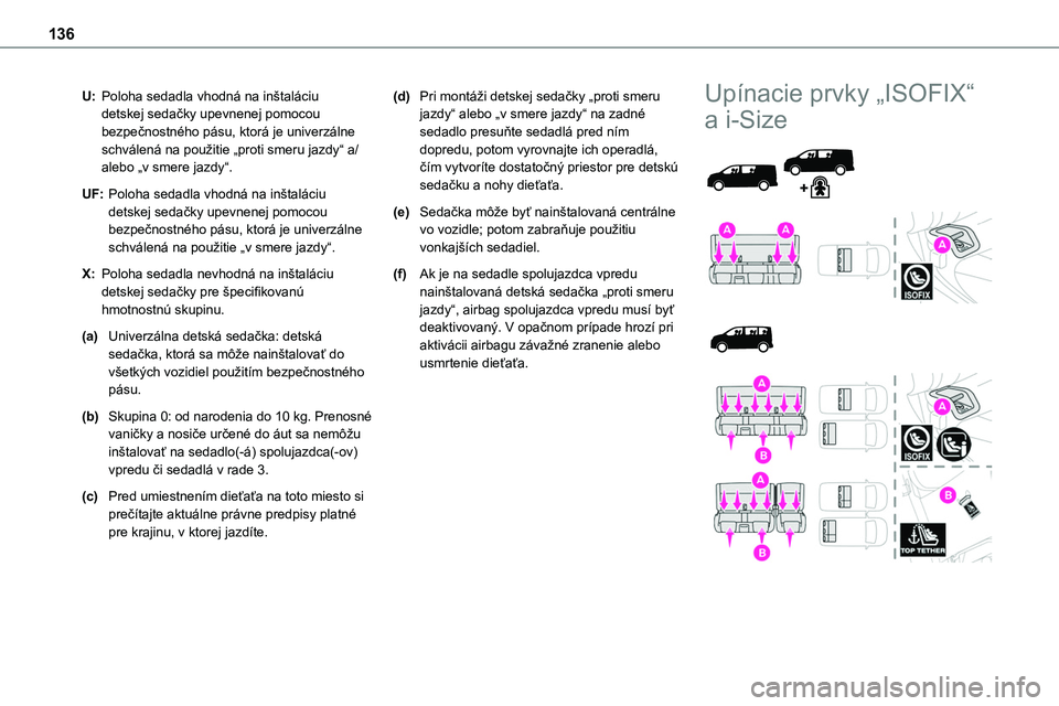 TOYOTA PROACE 2022 Návod na použitie (in Slovakian) 136
U:Poloha sedadla vhodná na inštaláciu detskej sedačky upevnenej pomocou bezpečnostného pásu, ktorá je univerzálne schválená na použitie „proti smeru jazdy“ a/alebo „v smere jazdy TOYOTA PROACE 2022 Návod na použitie (in Slovakian) 136
U:Poloha sedadla vhodná na inštaláciu detskej sedačky upevnenej pomocou bezpečnostného pásu, ktorá je univerzálne schválená na použitie „proti smeru jazdy“ a/alebo „v smere jazdy