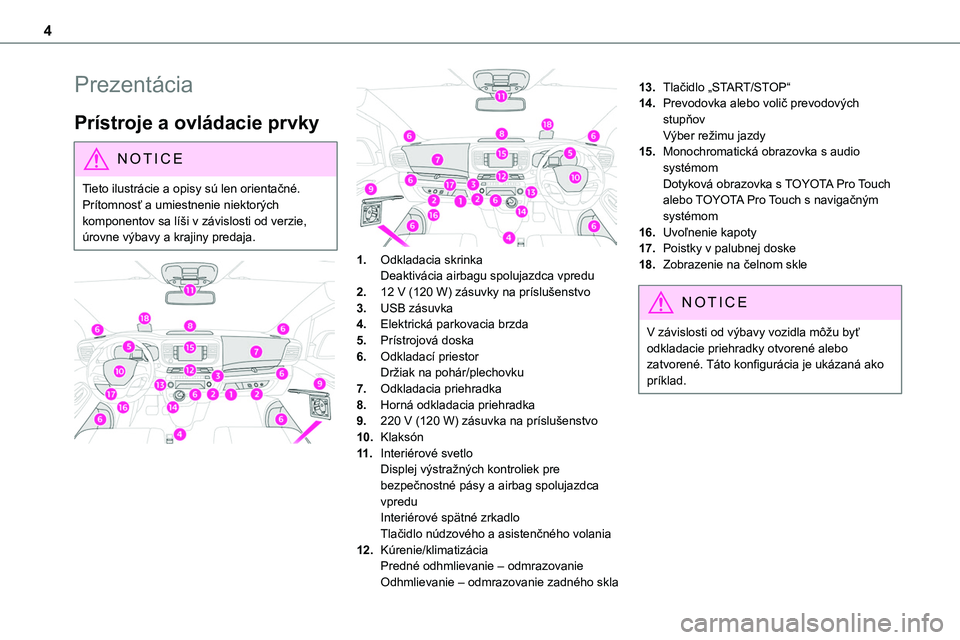 TOYOTA PROACE 2022  Návod na použitie (in Slovakian) 4
Prezentácia
Prístroje a ovládacie prvky
NOTIC E
Tieto ilustrácie a opisy sú len orientačné. Prítomnosť a umiestnenie niektorých komponentov sa líši v závislosti od verzie, úrovne výba