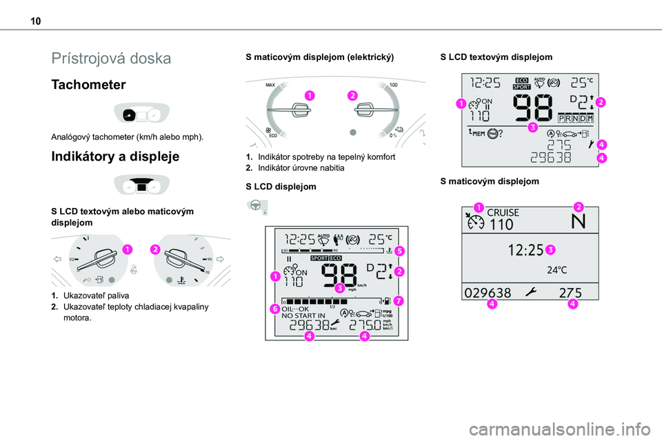 TOYOTA PROACE CITY 2020  Kezelési útmutató (in Hungarian) 10
Prístrojová doska
Tachometer 
 
Analógový tachometer (km/h alebo mph).
Indikátory a displeje 
 
S LCD textovým alebo maticovým displejom 
 
1.Ukazovateľ paliva
2.Ukazovateľ teploty chladia