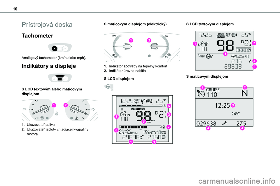 TOYOTA PROACE CITY 2020 Kezelési útmutató (in Hungarian) 10
Prístrojová doska
Tachometer
Analógový tachometer (km/h alebo mph).
Indikátory a displeje
S LCD textovým alebo maticovým displejom
1.Ukazovateľ paliva
2.Ukazovateľ teploty chladia TOYOTA PROACE CITY 2020 Kezelési útmutató (in Hungarian) 10
Prístrojová doska
Tachometer
Analógový tachometer (km/h alebo mph).
Indikátory a displeje
S LCD textovým alebo maticovým displejom
1.Ukazovateľ paliva
2.Ukazovateľ teploty chladia