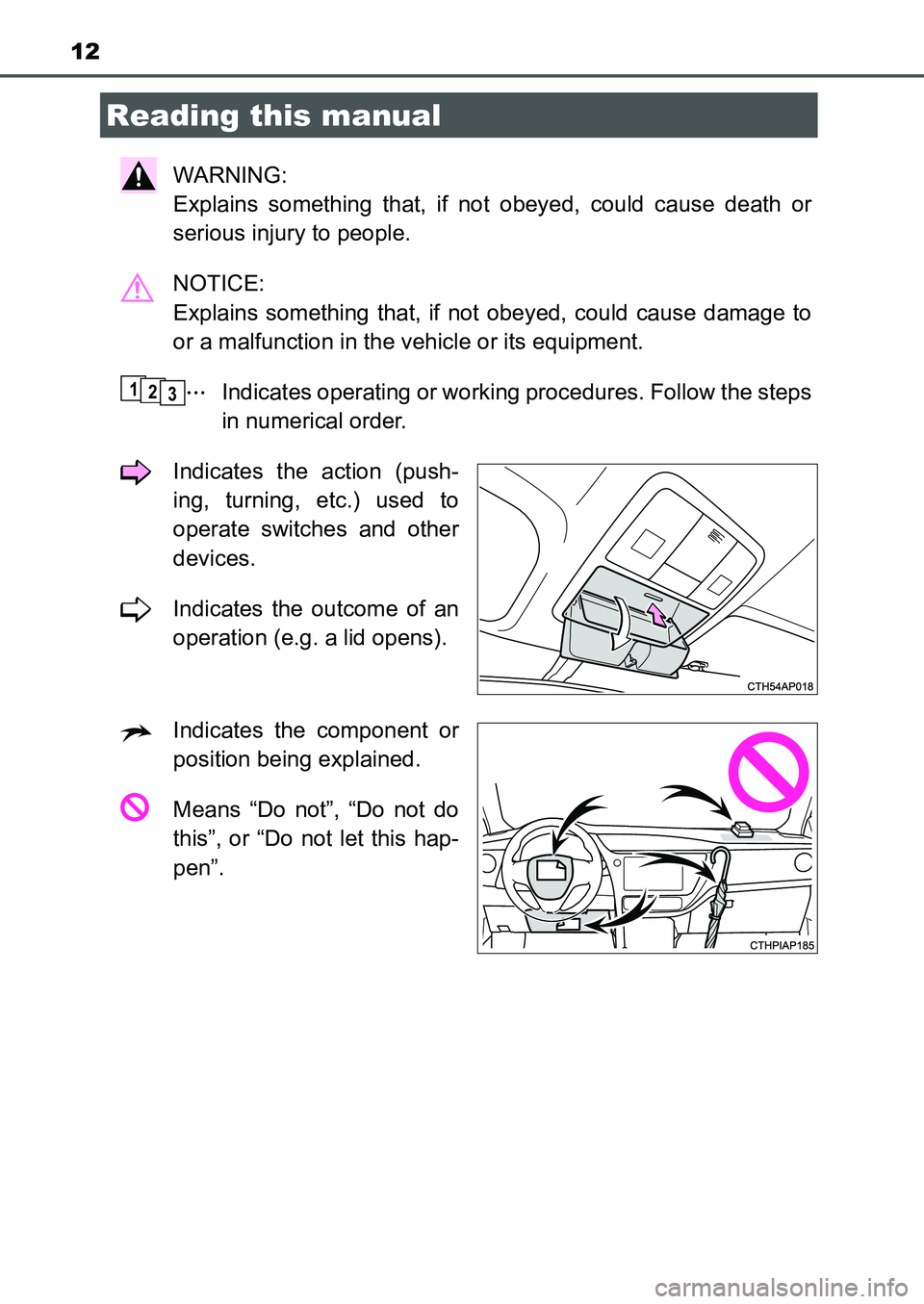 TOYOTA AURIS 2017   (in English) User Guide 12
UK AURIS_HB_EE  (OM12K97E)
WARNING: 
Explains something that, if not obeyed, could cause death or
serious injury to people.
NOTICE: 
Explains something that, if not obeyed, could cause damage to
or