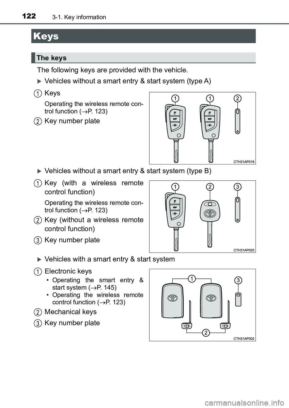 TOYOTA AURIS 2017  Owners Manual (in English) 122
UK AURIS_HB_EE  (OM12K97E)
3-1. Key information
The following keys are provided with the vehicle.
Vehicles without a smart entry & start system (type A)
Keys
Operating the wireless remote con-
