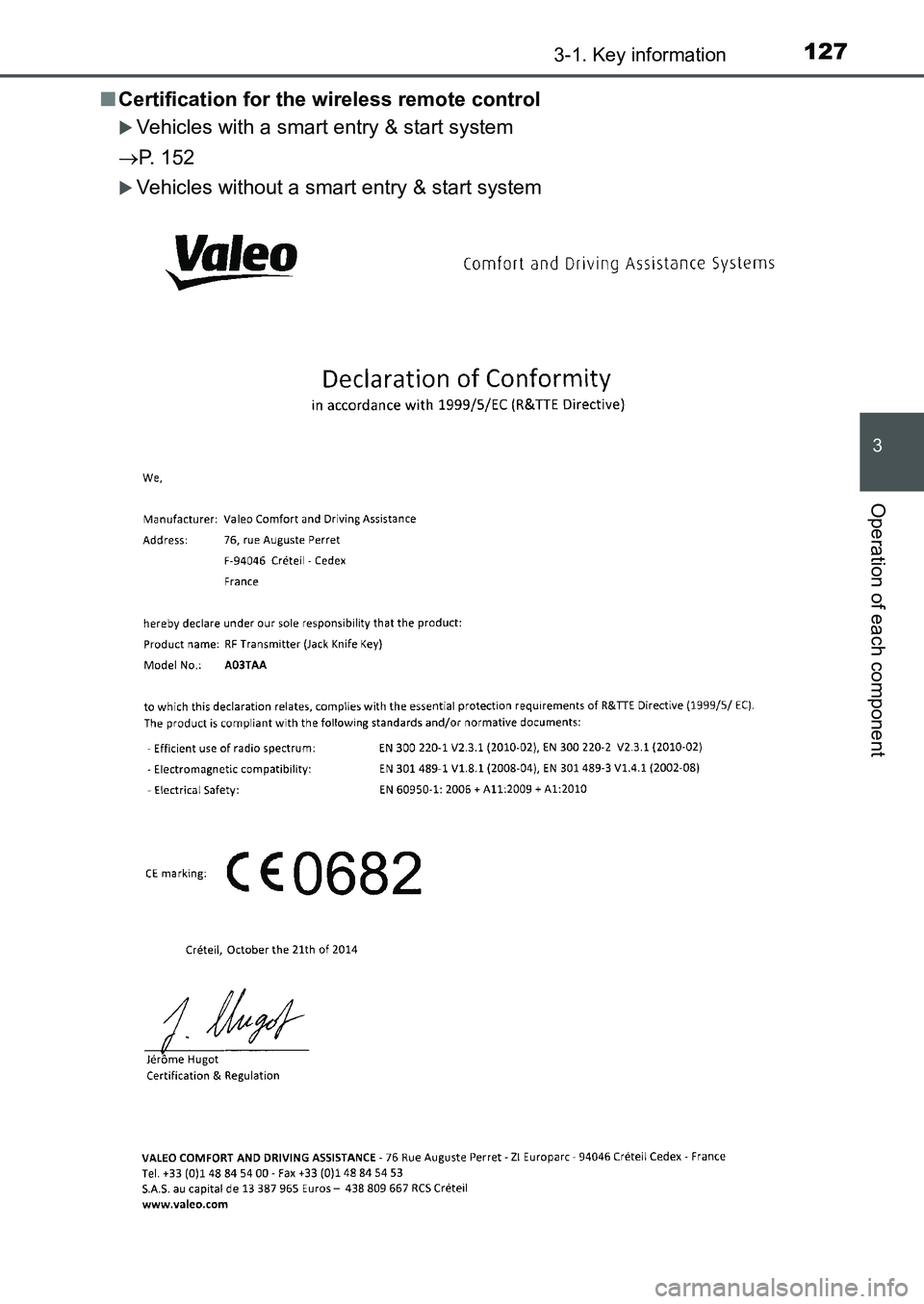 TOYOTA AURIS 2017  Owners Manual (in English) 1273-1. Key information
UK AURIS_HB_EE  (OM12K97E)
3
Operation of each component
■Certification for the wireless remote control
Vehicles with a smart entry & start system
P. 152
Vehicles wi