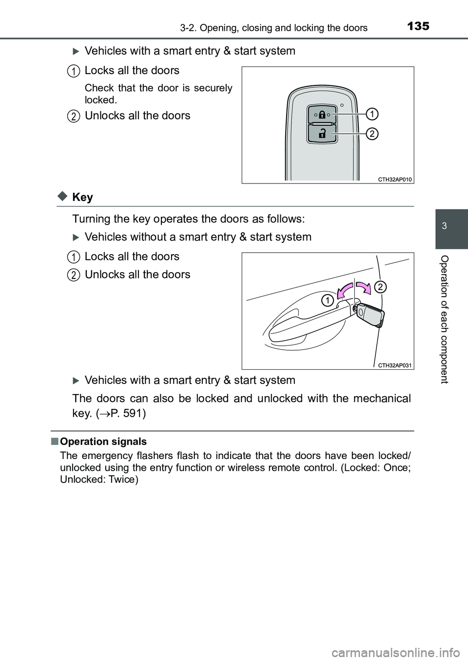 TOYOTA AURIS 2017 Owners Manual (in English) 1353-2. Opening, closing and locking the doors
UK AURIS_HB_EE (OM12K97E)
3
Operation of each component
Vehicles with a smart entry & start system
Locks all the doors
Check that the door is securel TOYOTA AURIS 2017 Owners Manual (in English) 1353-2. Opening, closing and locking the doors
UK AURIS_HB_EE (OM12K97E)
3
Operation of each component
Vehicles with a smart entry & start system
Locks all the doors
Check that the door is securel