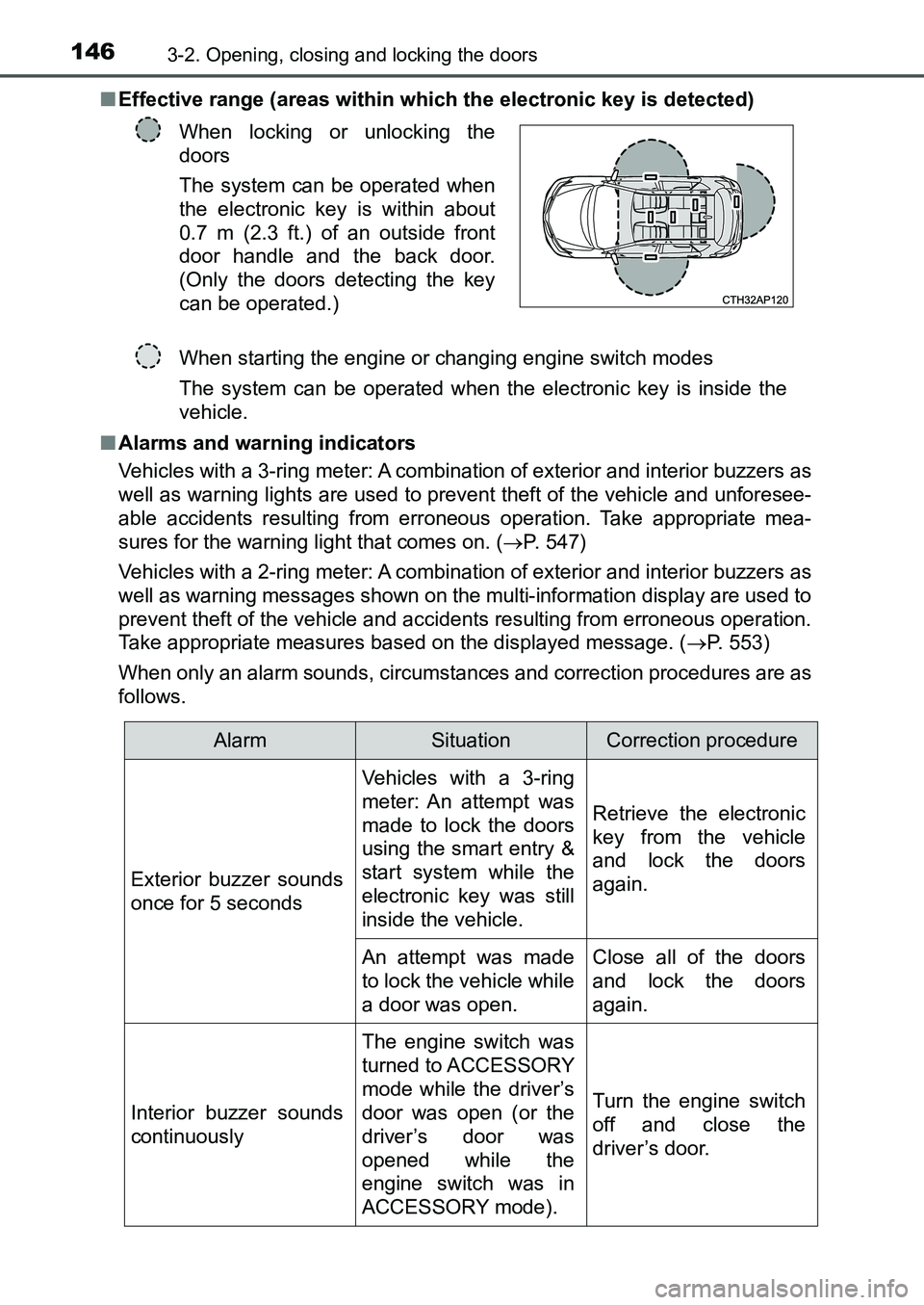 TOYOTA AURIS 2017 Owners Manual (in English) 1463-2. Opening, closing and locking the doors
UK AURIS_HB_EE (OM12K97E)■Effective range (areas within which the electronic key is detected)
■Alarms and warning indicators
Vehicles with a 3-ring TOYOTA AURIS 2017 Owners Manual (in English) 1463-2. Opening, closing and locking the doors
UK AURIS_HB_EE (OM12K97E)■Effective range (areas within which the electronic key is detected)
■Alarms and warning indicators
Vehicles with a 3-ring