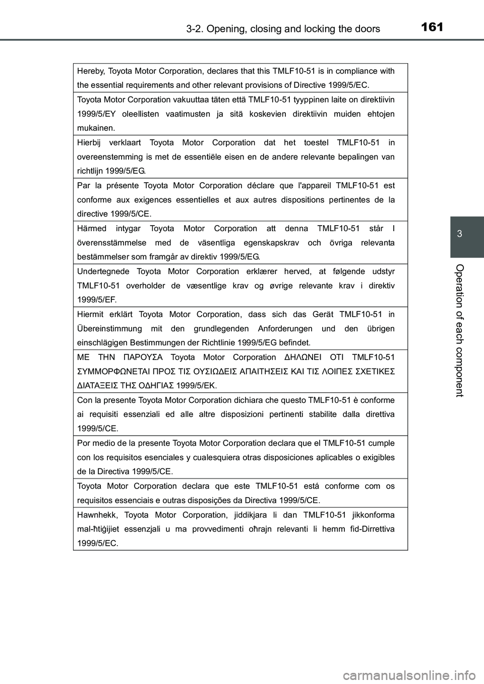 TOYOTA AURIS 2017 Owners Manual (in English) 1613-2. Opening, closing and locking the doors
UK AURIS_HB_EE (OM12K97E)
3
Operation of each component
Hereby, Toyota Motor Corporation, declares that this TMLF10-51 is in compliance with
the essent TOYOTA AURIS 2017 Owners Manual (in English) 1613-2. Opening, closing and locking the doors
UK AURIS_HB_EE (OM12K97E)
3
Operation of each component
Hereby, Toyota Motor Corporation, declares that this TMLF10-51 is in compliance with
the essent