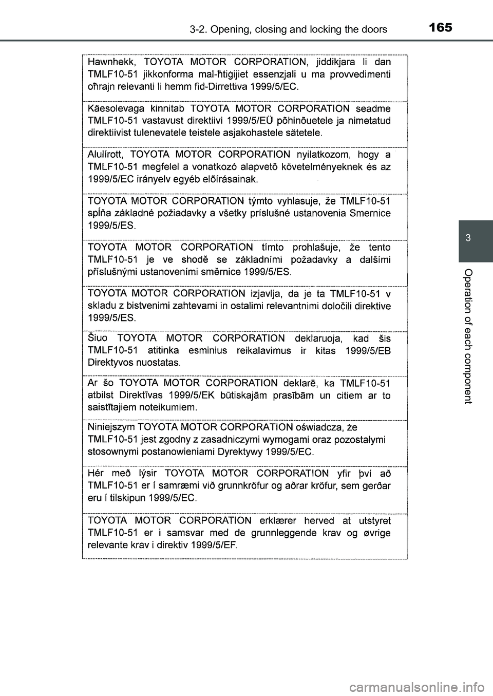 TOYOTA AURIS 2017 Owners Manual (in English) 1653-2. Opening, closing and locking the doors
UK AURIS_HB_EE (OM12K97E)
3
Operation of each component
UK AURIS_HB_OM_Europe_OM12K97E.book 165 ページ 2016年6月27日 月曜日 TOYOTA AURIS 2017 Owners Manual (in English) 1653-2. Opening, closing and locking the doors
UK AURIS_HB_EE (OM12K97E)
3
Operation of each component
UK AURIS_HB_OM_Europe_OM12K97E.book 165 ページ 2016年6月27日 月曜日