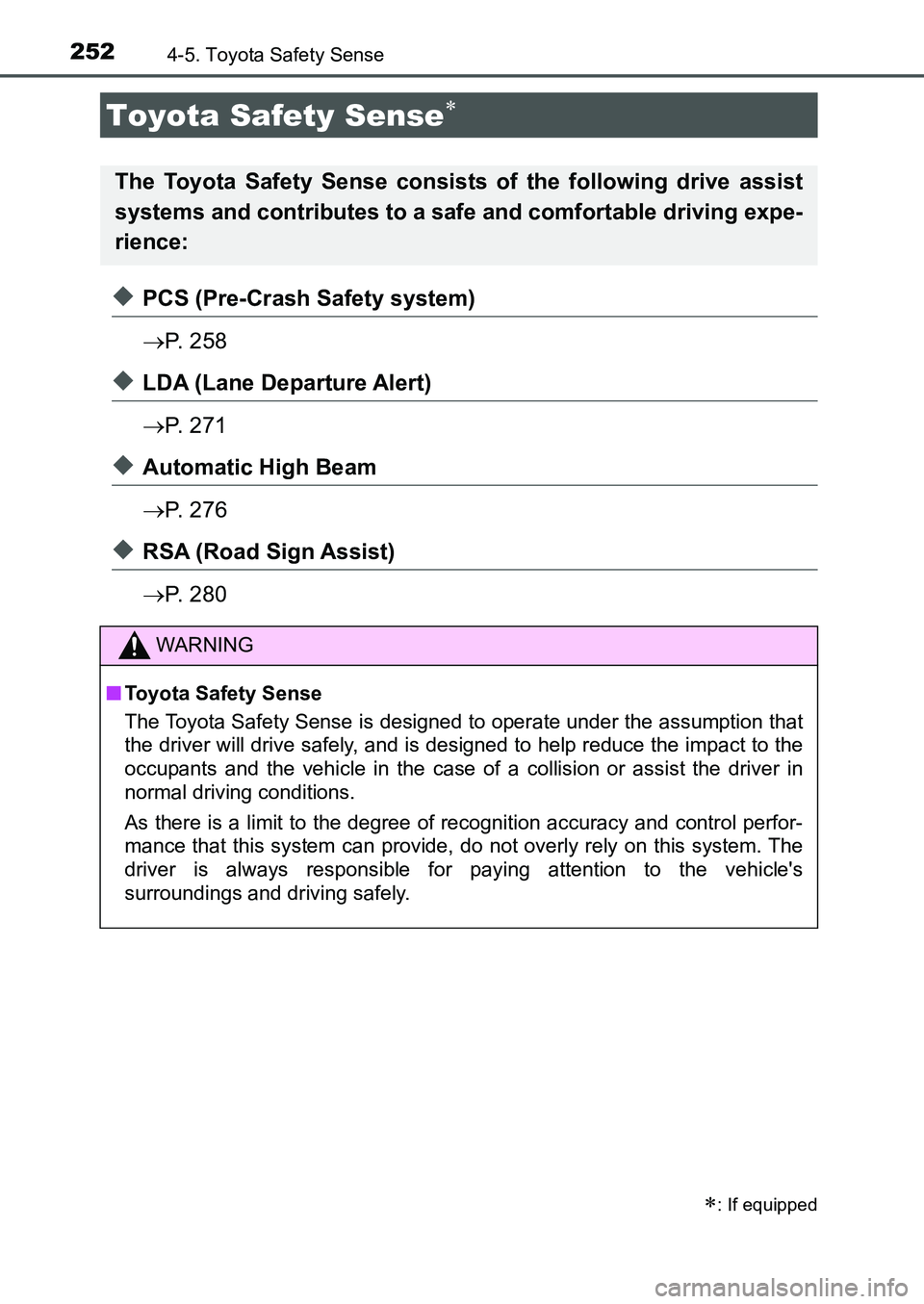 TOYOTA AURIS 2017 Owners Manual (in English) 252
UK AURIS_HB_EE (OM12K97E)
4-5. Toyota Safety Sense
◆PCS (Pre-Crash Safety system)
P. 2 5 8
◆LDA (Lane Departure Alert)
P. 2 7 1
◆Automatic High Beam
P. 2 7 6
◆RSA (Road Sign A TOYOTA AURIS 2017 Owners Manual (in English) 252
UK AURIS_HB_EE (OM12K97E)
4-5. Toyota Safety Sense
◆PCS (Pre-Crash Safety system)
P. 2 5 8
◆LDA (Lane Departure Alert)
P. 2 7 1
◆Automatic High Beam
P. 2 7 6
◆RSA (Road Sign A
