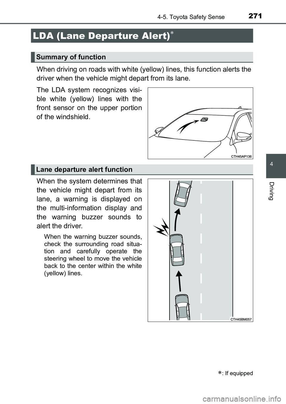TOYOTA AURIS 2017 Owners Manual (in English) 2714-5. Toyota Safety Sense
UK AURIS_HB_EE (OM12K97E)
4
Driving
When driving on roads with white (yellow) lines, this function alerts the
driver when the vehicle might depart from its lane.
The LDA s TOYOTA AURIS 2017 Owners Manual (in English) 2714-5. Toyota Safety Sense
UK AURIS_HB_EE (OM12K97E)
4
Driving
When driving on roads with white (yellow) lines, this function alerts the
driver when the vehicle might depart from its lane.
The LDA s