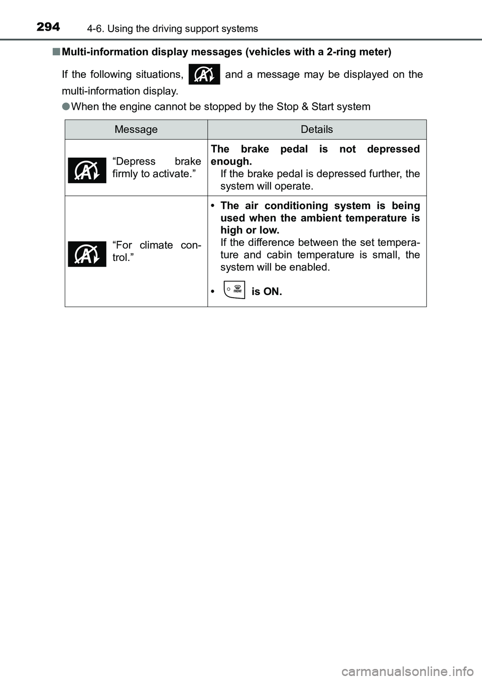 TOYOTA AURIS 2017 Owners Manual (in English) 2944-6. Using the driving support systems
UK AURIS_HB_EE (OM12K97E)■Multi-information display messages (vehicles with a 2-ring meter)
If the following situations, and a message may be displayed o TOYOTA AURIS 2017 Owners Manual (in English) 2944-6. Using the driving support systems
UK AURIS_HB_EE (OM12K97E)■Multi-information display messages (vehicles with a 2-ring meter)
If the following situations, and a message may be displayed o