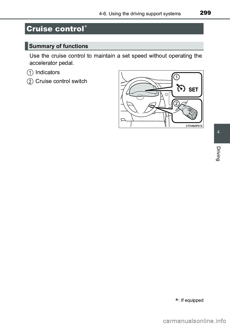 TOYOTA AURIS 2017 Owners Manual (in English) 2994-6. Using the driving support systems
UK AURIS_HB_EE (OM12K97E)
4
Driving
Use the cruise control to maintain a set speed without operating the
accelerator pedal.
Indicators
Cruise control switch TOYOTA AURIS 2017 Owners Manual (in English) 2994-6. Using the driving support systems
UK AURIS_HB_EE (OM12K97E)
4
Driving
Use the cruise control to maintain a set speed without operating the
accelerator pedal.
Indicators
Cruise control switch