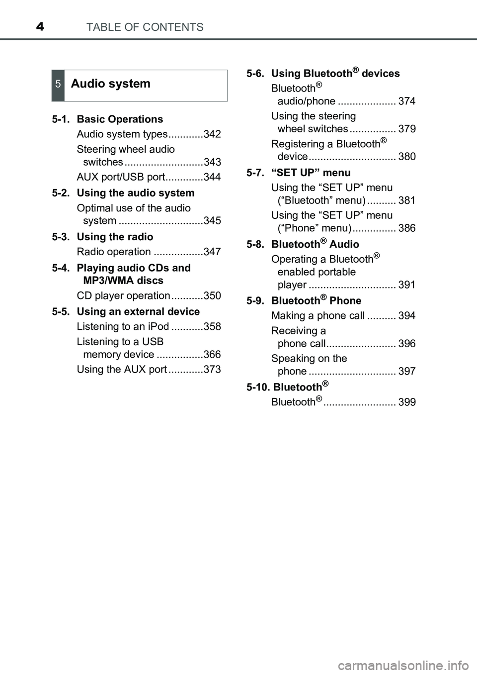 TOYOTA AURIS 2017 Owners Manual (in English) TABLE OF CONTENTS4
UK AURIS_HB_EE (OM12K97E)5-1. Basic Operations
Audio system types............342
Steering wheel audio
switches ...........................343
AUX port/USB port.............344
5-2 TOYOTA AURIS 2017 Owners Manual (in English) TABLE OF CONTENTS4
UK AURIS_HB_EE (OM12K97E)5-1. Basic Operations
Audio system types............342
Steering wheel audio
switches ...........................343
AUX port/USB port.............344
5-2
