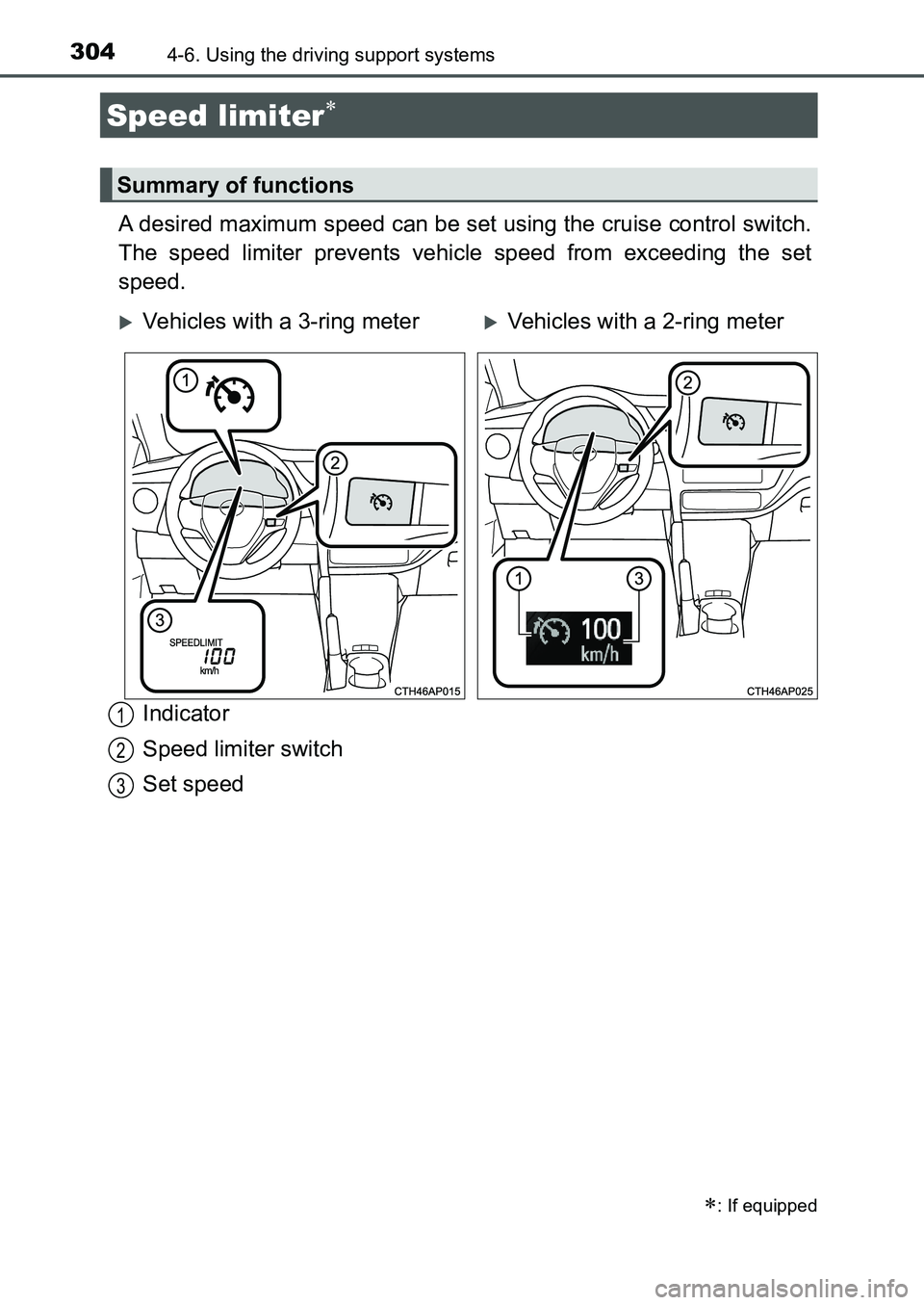 TOYOTA AURIS 2017  Owners Manual (in English) 3044-6. Using the driving support systems
UK AURIS_HB_EE  (OM12K97E)
A desired maximum speed can be set using the cruise control switch.
The speed limiter prevents vehicle speed from exceeding the set