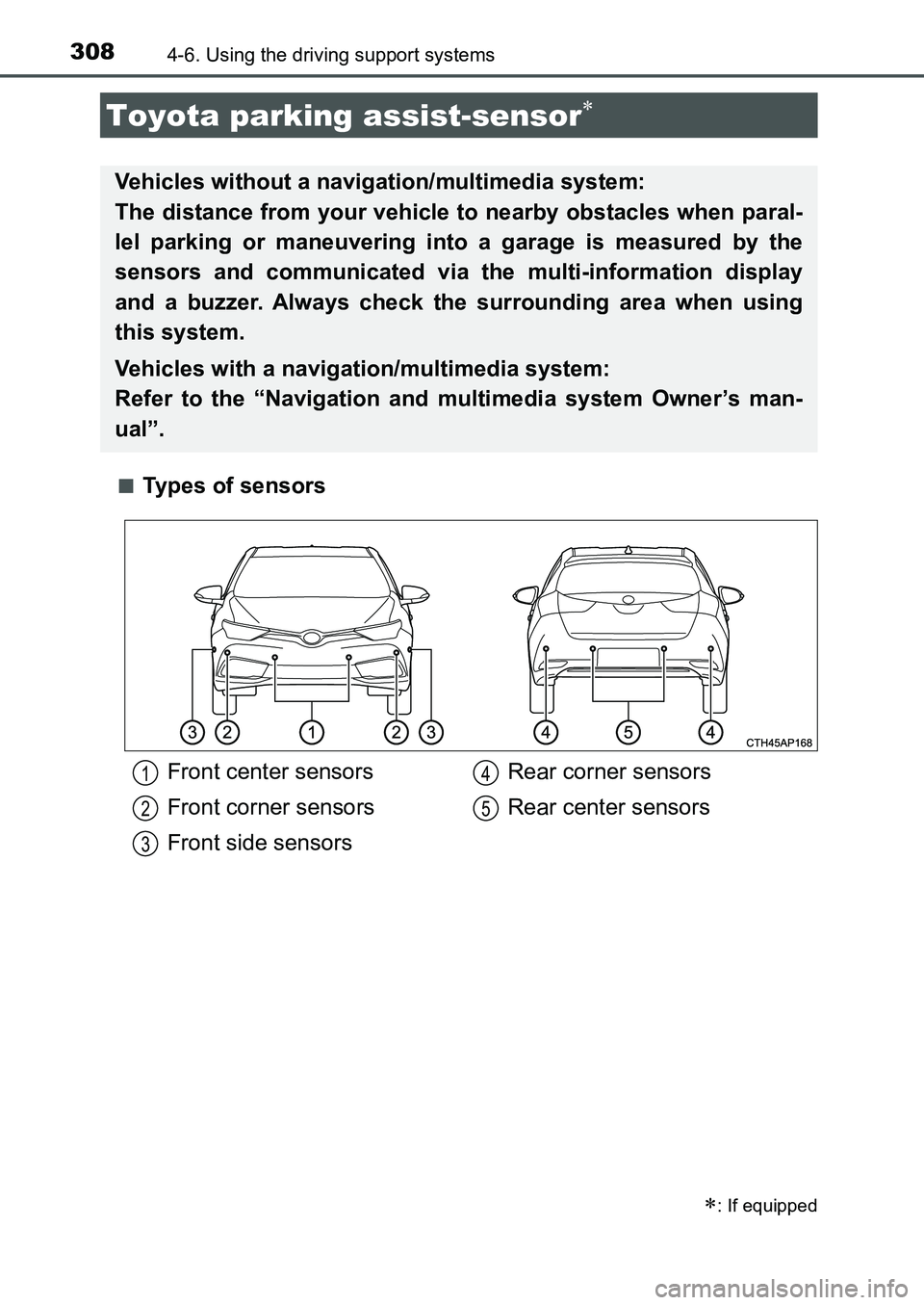 TOYOTA AURIS 2017  Owners Manual (in English) 3084-6. Using the driving support systems
UK AURIS_HB_EE  (OM12K97E)■
Types of sensors
Toyota parking assist-sensor
: If equipped
Vehicles without a navigation/multimedia system: 
The distance