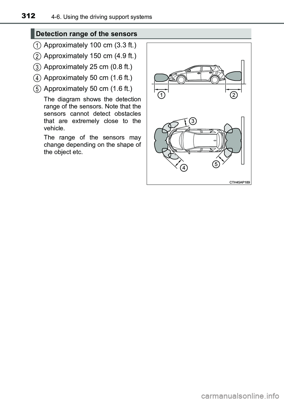 TOYOTA AURIS 2017 Owners Manual (in English) 3124-6. Using the driving support systems
UK AURIS_HB_EE (OM12K97E)
Approximately 100 cm (3.3 ft.)
Approximately 150 cm (4.9 ft.)
Approximately 25 cm (0.8 ft.)
Approximately 50 cm (1.6 ft.)
Approxima TOYOTA AURIS 2017 Owners Manual (in English) 3124-6. Using the driving support systems
UK AURIS_HB_EE (OM12K97E)
Approximately 100 cm (3.3 ft.)
Approximately 150 cm (4.9 ft.)
Approximately 25 cm (0.8 ft.)
Approximately 50 cm (1.6 ft.)
Approxima