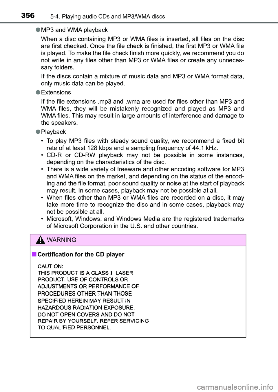 TOYOTA AURIS 2017 Owners Manual (in English) 3565-4. Playing audio CDs and MP3/WMA discs
UK AURIS_HB_EE (OM12K97E)●MP3 and WMA playback
When a disc containing MP3 or WMA files is inserted, all files on the disc
are first checked. Once the fil TOYOTA AURIS 2017 Owners Manual (in English) 3565-4. Playing audio CDs and MP3/WMA discs
UK AURIS_HB_EE (OM12K97E)●MP3 and WMA playback
When a disc containing MP3 or WMA files is inserted, all files on the disc
are first checked. Once the fil