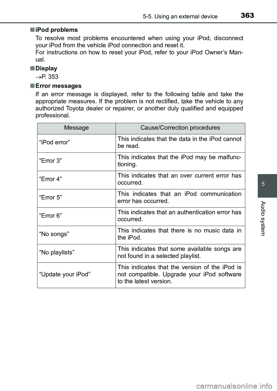 TOYOTA AURIS 2017 Owners Manual (in English) 3635-5. Using an external device
UK AURIS_HB_EE (OM12K97E)
5
Audio system
■iPod problems
To resolve most problems encountered when using your iPod, disconnect
your iPod from the vehicle iPod connec TOYOTA AURIS 2017 Owners Manual (in English) 3635-5. Using an external device
UK AURIS_HB_EE (OM12K97E)
5
Audio system
■iPod problems
To resolve most problems encountered when using your iPod, disconnect
your iPod from the vehicle iPod connec