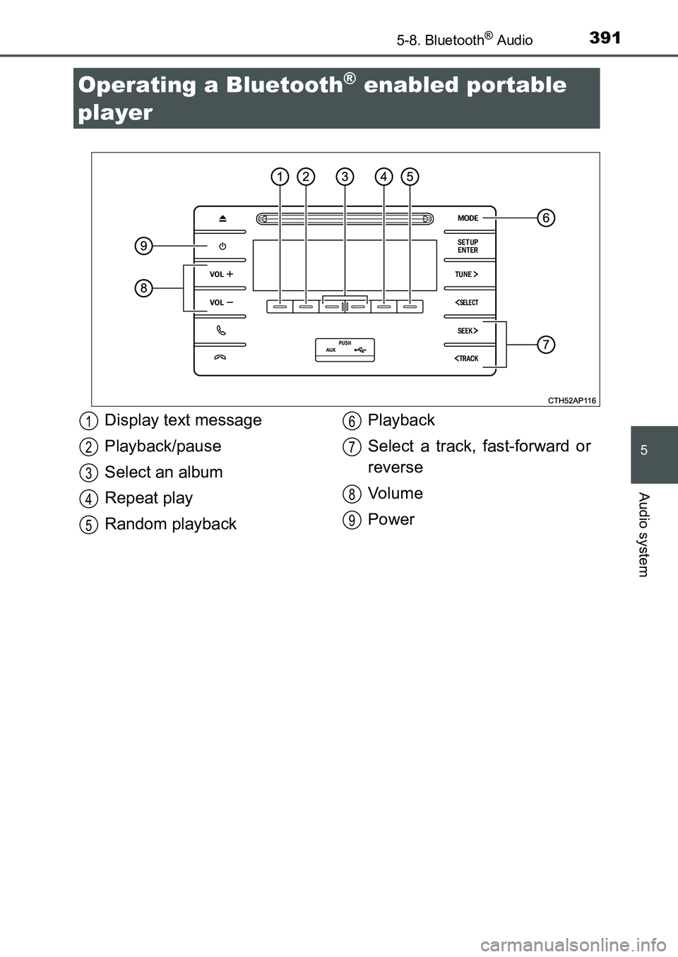 TOYOTA AURIS 2017  Owners Manual (in English) 391
UK AURIS_HB_EE  (OM12K97E)
5
Audio system
5-8. Bluetooth® Audio
Operating a Bluetooth® enabled portable 
player
Display text message
Playback/pause 
Select an album
Repeat play
Random playbackPl