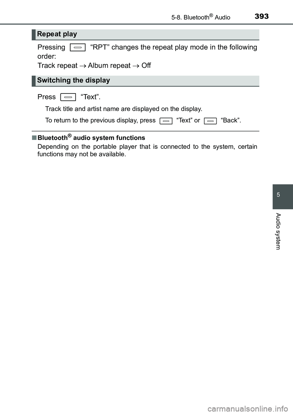 TOYOTA AURIS 2017  Owners Manual (in English) 3935-8. Bluetooth® Audio
UK AURIS_HB_EE  (OM12K97E)
5
Audio system
Pressing   “RPT” changes the repeat play mode in the following
order: 
Track repeat  Album  repeat  Off
Press  “Text”.