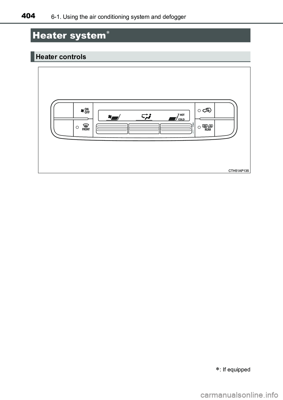 TOYOTA AURIS 2017  Owners Manual (in English) 404
UK AURIS_HB_EE  (OM12K97E)
6-1. Using the air conditioning system and defogger
Heater system
: If equipped
Heater controls
UK AURIS_HB_OM_Europe_OM12K97E.book  404 ページ  ２０１６年