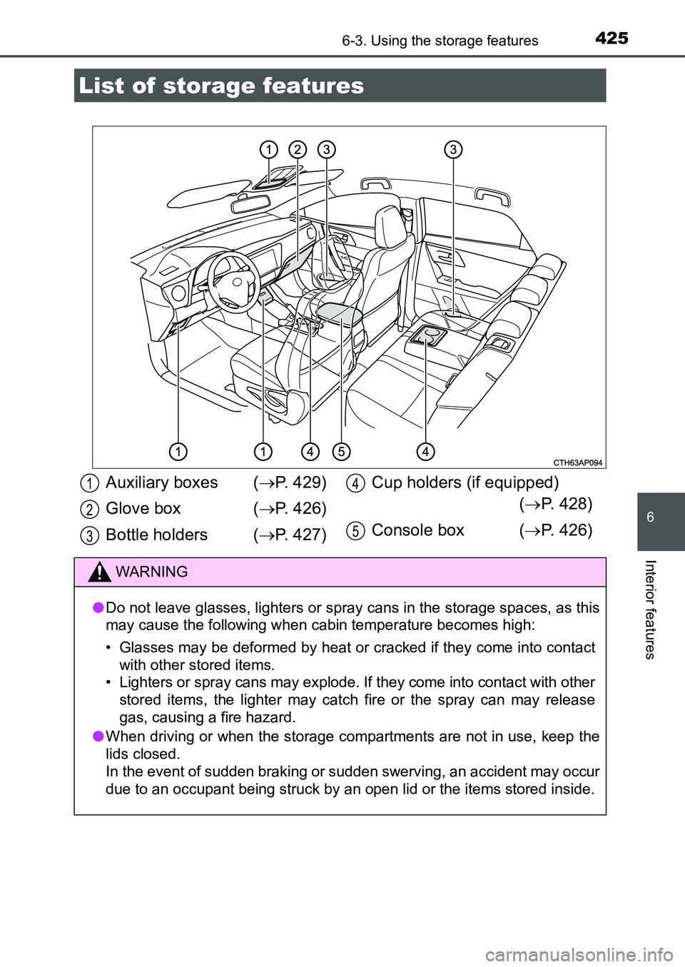 TOYOTA AURIS 2017  Owners Manual (in English) 425
UK AURIS_HB_EE  (OM12K97E)
6
Interior features
6-3. Using the storage features
List of storage features
Auxiliary boxes (P. 429)
Glove box  (P. 426)
Bottle holders (P. 427)Cup holders (if