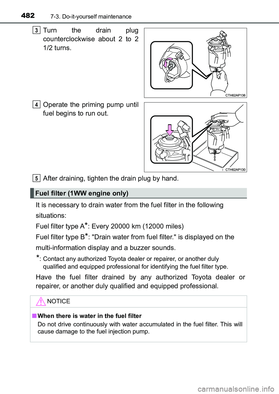 TOYOTA AURIS 2017 Owners Manual (in English) 4827-3. Do-it-yourself maintenance
UK AURIS_HB_EE (OM12K97E)
Turn the drain plug
counterclockwise about 2 to 2
1/2 turns.
Operate the priming pump until
fuel begins to run out.
After draining, tighte TOYOTA AURIS 2017 Owners Manual (in English) 4827-3. Do-it-yourself maintenance
UK AURIS_HB_EE (OM12K97E)
Turn the drain plug
counterclockwise about 2 to 2
1/2 turns.
Operate the priming pump until
fuel begins to run out.
After draining, tighte