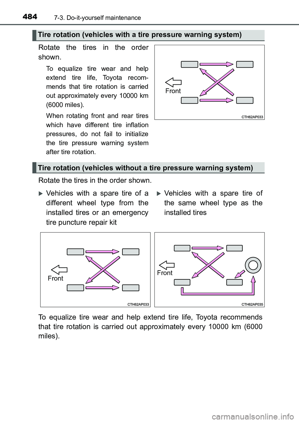 TOYOTA AURIS 2017 Owners Manual (in English) 4847-3. Do-it-yourself maintenance
UK AURIS_HB_EE (OM12K97E)
Rotate the tires in the order
shown.
To equalize tire wear and help
extend tire life, Toyota recom-
mends that tire rotation is carried
ou TOYOTA AURIS 2017 Owners Manual (in English) 4847-3. Do-it-yourself maintenance
UK AURIS_HB_EE (OM12K97E)
Rotate the tires in the order
shown.
To equalize tire wear and help
extend tire life, Toyota recom-
mends that tire rotation is carried
ou