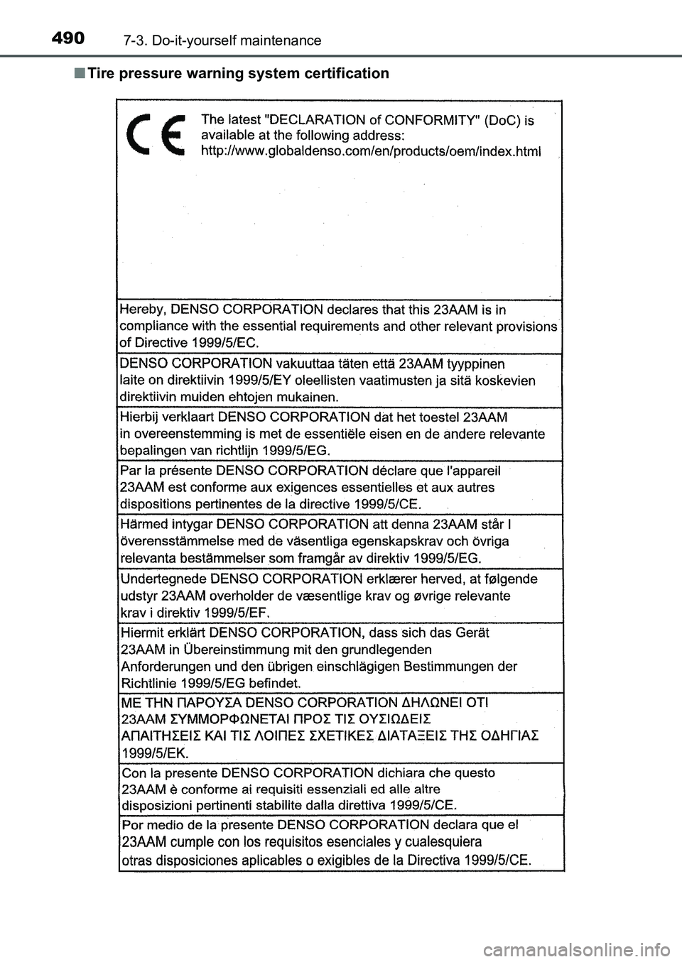 TOYOTA AURIS 2017 Owners Manual (in English) 4907-3. Do-it-yourself maintenance
UK AURIS_HB_EE (OM12K97E)■Tire pressure warning system certification
UK AURIS_HB_OM_Europe_OM12K97E.book 490 ページ 2016年6月27日 月曜 TOYOTA AURIS 2017 Owners Manual (in English) 4907-3. Do-it-yourself maintenance
UK AURIS_HB_EE (OM12K97E)■Tire pressure warning system certification
UK AURIS_HB_OM_Europe_OM12K97E.book 490 ページ 2016年6月27日 月曜