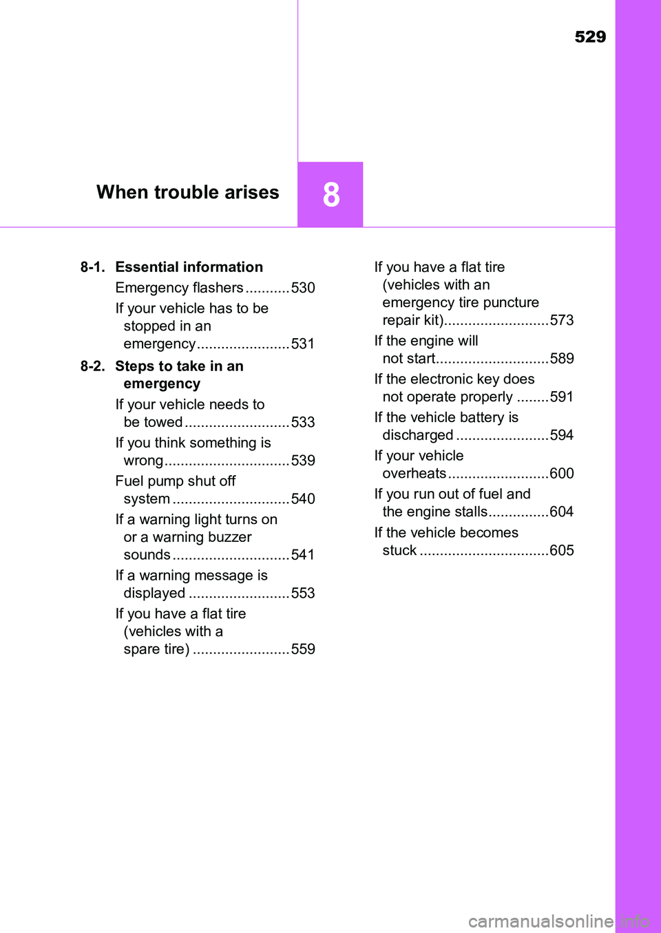TOYOTA AURIS 2017 Owners Manual (in English) 529
8When trouble arises
UK AURIS_HB_EE (OM12K97E)8-1. Essential information
Emergency flashers ........... 530
If your vehicle has to be
stopped in an
emergency....................... 531
8-2. St TOYOTA AURIS 2017 Owners Manual (in English) 529
8When trouble arises
UK AURIS_HB_EE (OM12K97E)8-1. Essential information
Emergency flashers ........... 530
If your vehicle has to be
stopped in an
emergency....................... 531
8-2. St