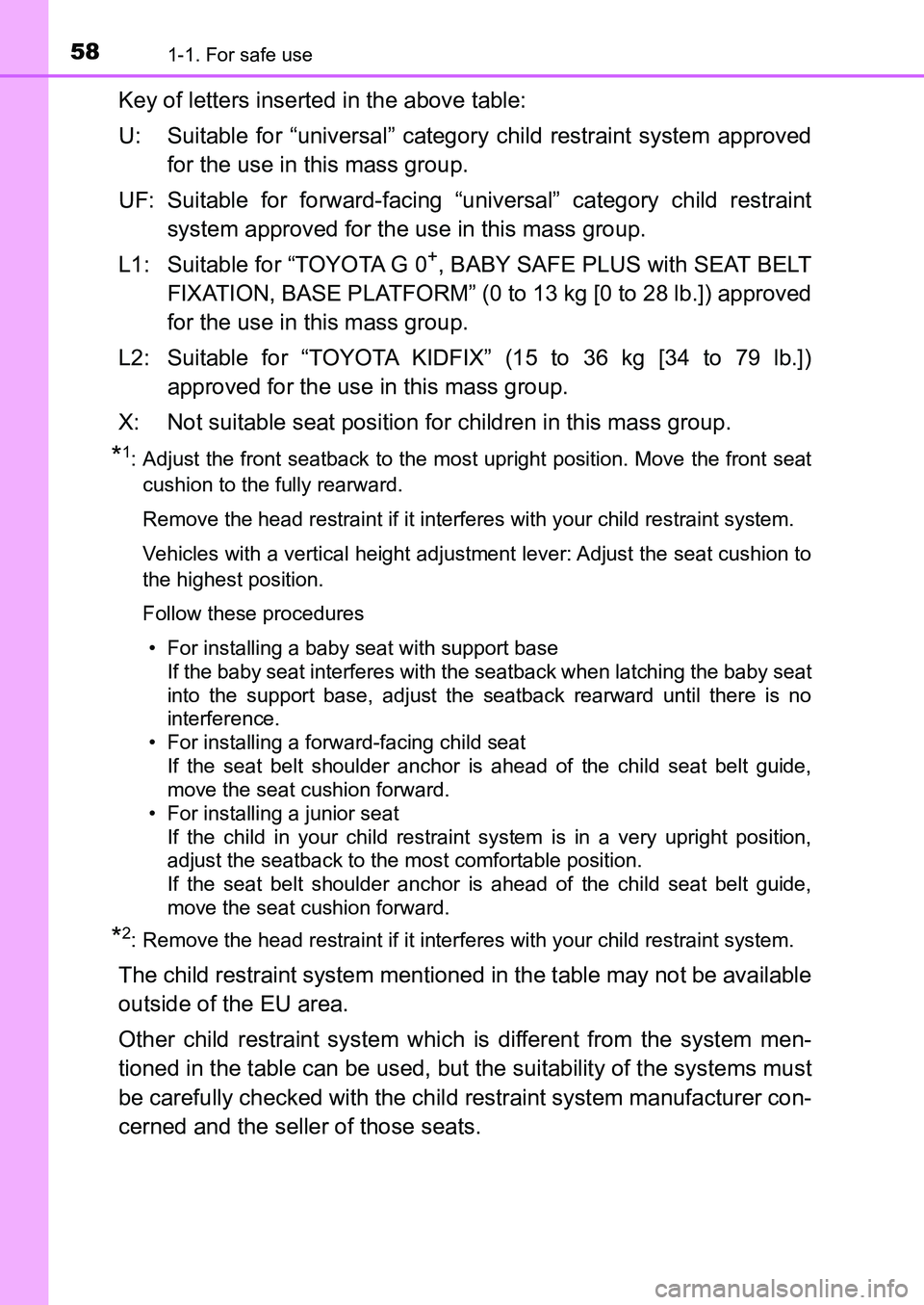 TOYOTA AURIS 2017 (in English) Workshop Manual 581-1. For safe use
UK AURIS_HB_EE (OM12K97E)
Key of letters inserted in the above table:
U: Suitable for “universal” category child restraint system approved
for the use in this mass group.
UF: TOYOTA AURIS 2017 (in English) Workshop Manual 581-1. For safe use
UK AURIS_HB_EE (OM12K97E)
Key of letters inserted in the above table:
U: Suitable for “universal” category child restraint system approved
for the use in this mass group.
UF: