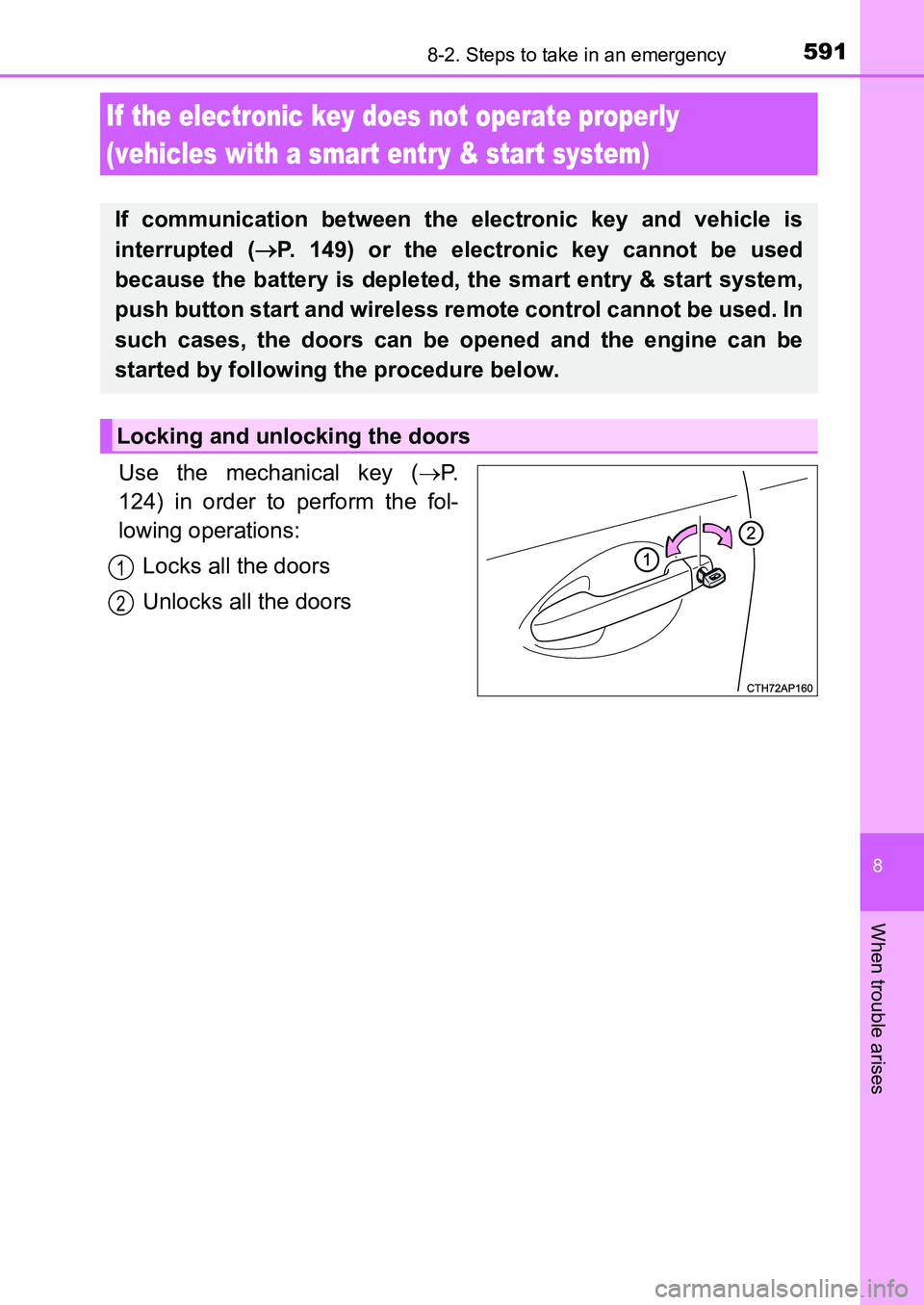 TOYOTA AURIS 2017 Owners Manual (in English) 5918-2. Steps to take in an emergency
UK AURIS_HB_EE (OM12K97E)
8
When trouble arises
Use the mechanical key (P.
124) in order to perform the fol-
lowing operations:
Locks all the doors
Unlocks al TOYOTA AURIS 2017 Owners Manual (in English) 5918-2. Steps to take in an emergency
UK AURIS_HB_EE (OM12K97E)
8
When trouble arises
Use the mechanical key (P.
124) in order to perform the fol-
lowing operations:
Locks all the doors
Unlocks al