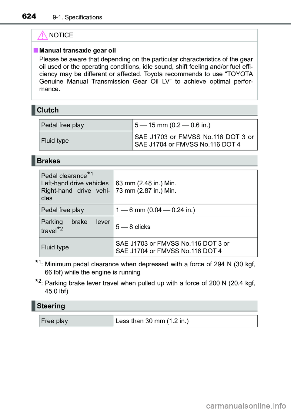 TOYOTA AURIS 2017 Owners Manual (in English) 6249-1. Specifications
UK AURIS_HB_EE (OM12K97E)
*1: Minimum pedal clearance when depressed with a force of 294 N (30 kgf,
66 lbf) while the engine is running
*2: Parking brake lever travel when pull TOYOTA AURIS 2017 Owners Manual (in English) 6249-1. Specifications
UK AURIS_HB_EE (OM12K97E)
*1: Minimum pedal clearance when depressed with a force of 294 N (30 kgf,
66 lbf) while the engine is running
*2: Parking brake lever travel when pull