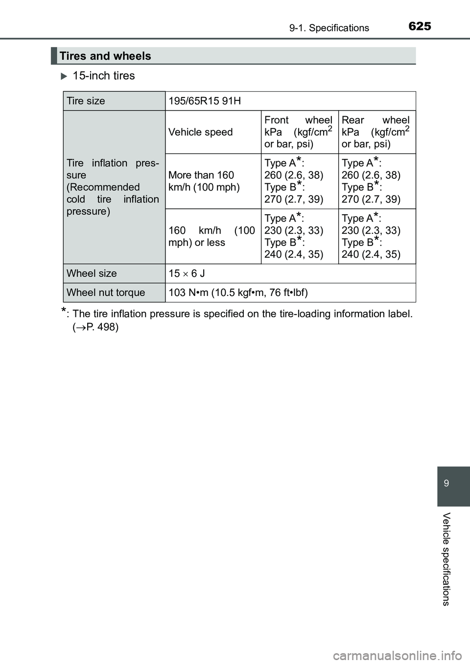 TOYOTA AURIS 2017 Owners Manual (in English) 6259-1. Specifications
UK AURIS_HB_EE (OM12K97E)
9
Vehicle specifications
15-inch tires
*: The tire inflation pressure is specified on the tire-loading information label.
(P. 498)
Tires and whe TOYOTA AURIS 2017 Owners Manual (in English) 6259-1. Specifications
UK AURIS_HB_EE (OM12K97E)
9
Vehicle specifications
15-inch tires
*: The tire inflation pressure is specified on the tire-loading information label.
(P. 498)
Tires and whe