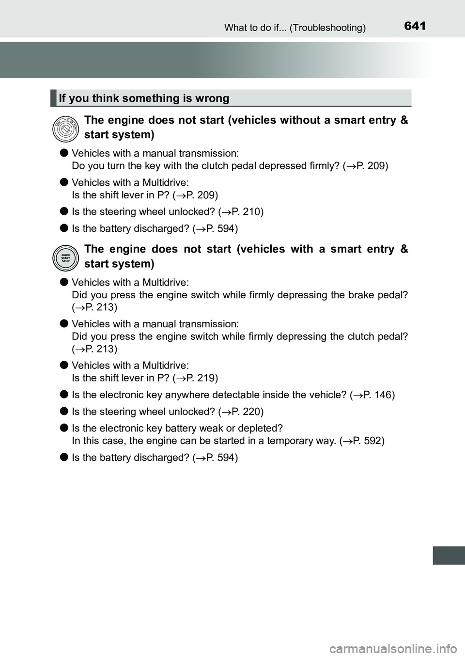 TOYOTA AURIS 2017 Owners Manual (in English) 641What to do if... (Troubleshooting)
UK AURIS_HB_EE (OM12K97E)
●Vehicles with a manual transmission:
Do you turn the key with the clutch pedal depressed firmly? (P. 209)
●Vehicles with a Mult TOYOTA AURIS 2017 Owners Manual (in English) 641What to do if... (Troubleshooting)
UK AURIS_HB_EE (OM12K97E)
●Vehicles with a manual transmission:
Do you turn the key with the clutch pedal depressed firmly? (P. 209)
●Vehicles with a Mult