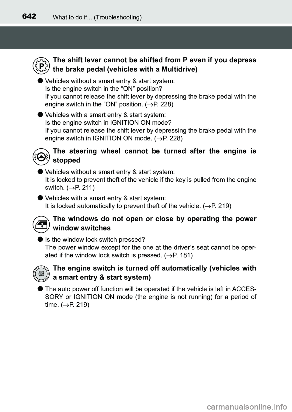 TOYOTA AURIS 2017 Owners Manual (in English) 642What to do if... (Troubleshooting)
UK AURIS_HB_EE (OM12K97E)
●Vehicles without a smart entry & start system:
Is the engine switch in the “ON” position?
If you cannot release the shift lever TOYOTA AURIS 2017 Owners Manual (in English) 642What to do if... (Troubleshooting)
UK AURIS_HB_EE (OM12K97E)
●Vehicles without a smart entry & start system:
Is the engine switch in the “ON” position?
If you cannot release the shift lever