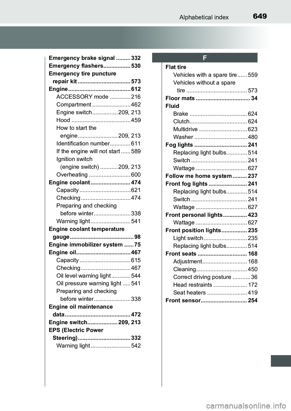 TOYOTA AURIS 2017 Owners Manual (in English) 649Alphabetical index
UK AURIS_HB_EE (OM12K97E)
Emergency brake signal ......... 332
Emergency flashers................. 530
Emergency tire puncture
repair kit ................................. 573
TOYOTA AURIS 2017 Owners Manual (in English) 649Alphabetical index
UK AURIS_HB_EE (OM12K97E)
Emergency brake signal ......... 332
Emergency flashers................. 530
Emergency tire puncture
repair kit ................................. 573
