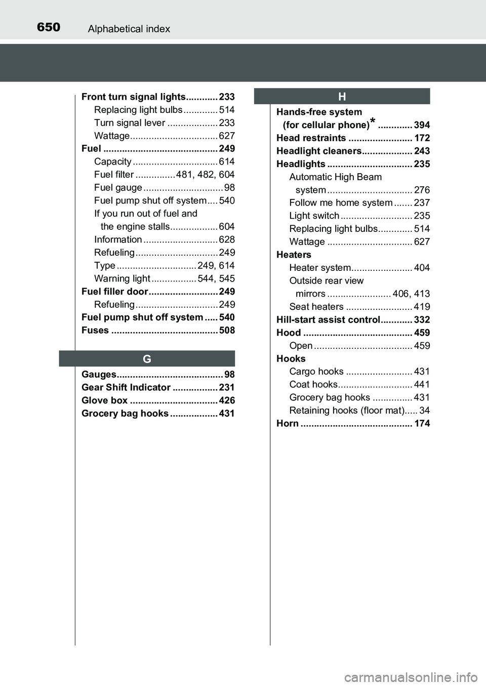 TOYOTA AURIS 2017 Owners Manual (in English) 650Alphabetical index
UK AURIS_HB_EE (OM12K97E)
Front turn signal lights............ 233
Replacing light bulbs ............. 514
Turn signal lever ................... 233
Wattage..................... TOYOTA AURIS 2017 Owners Manual (in English) 650Alphabetical index
UK AURIS_HB_EE (OM12K97E)
Front turn signal lights............ 233
Replacing light bulbs ............. 514
Turn signal lever ................... 233
Wattage.....................