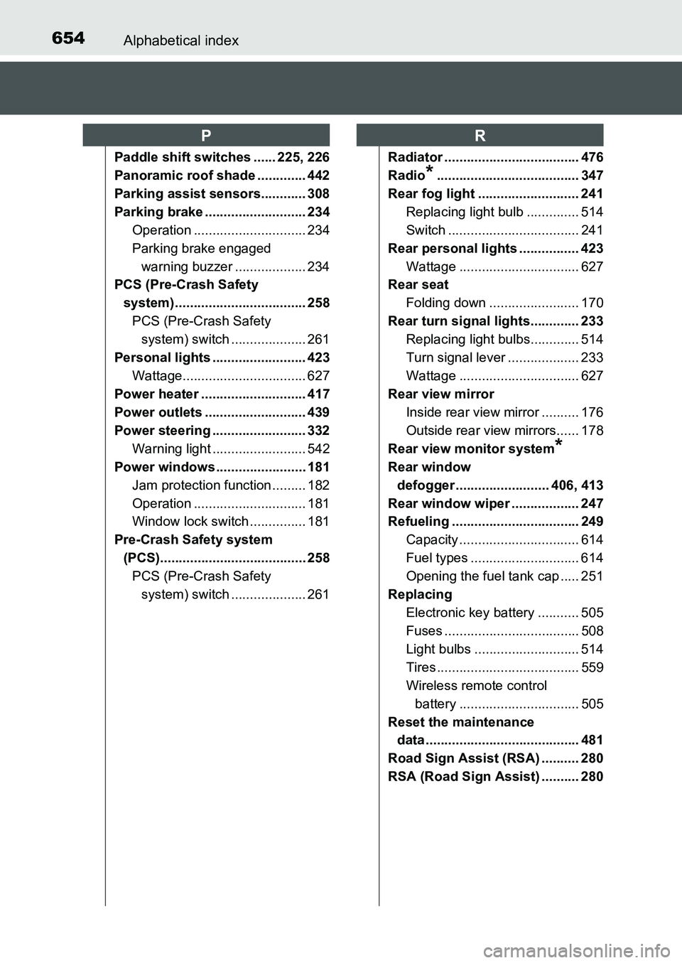 TOYOTA AURIS 2017 Owners Manual (in English) 654Alphabetical index
UK AURIS_HB_EE (OM12K97E)
Paddle shift switches ...... 225, 226
Panoramic roof shade ............. 442
Parking assist sensors............ 308
Parking brake ..................... TOYOTA AURIS 2017 Owners Manual (in English) 654Alphabetical index
UK AURIS_HB_EE (OM12K97E)
Paddle shift switches ...... 225, 226
Panoramic roof shade ............. 442
Parking assist sensors............ 308
Parking brake .....................