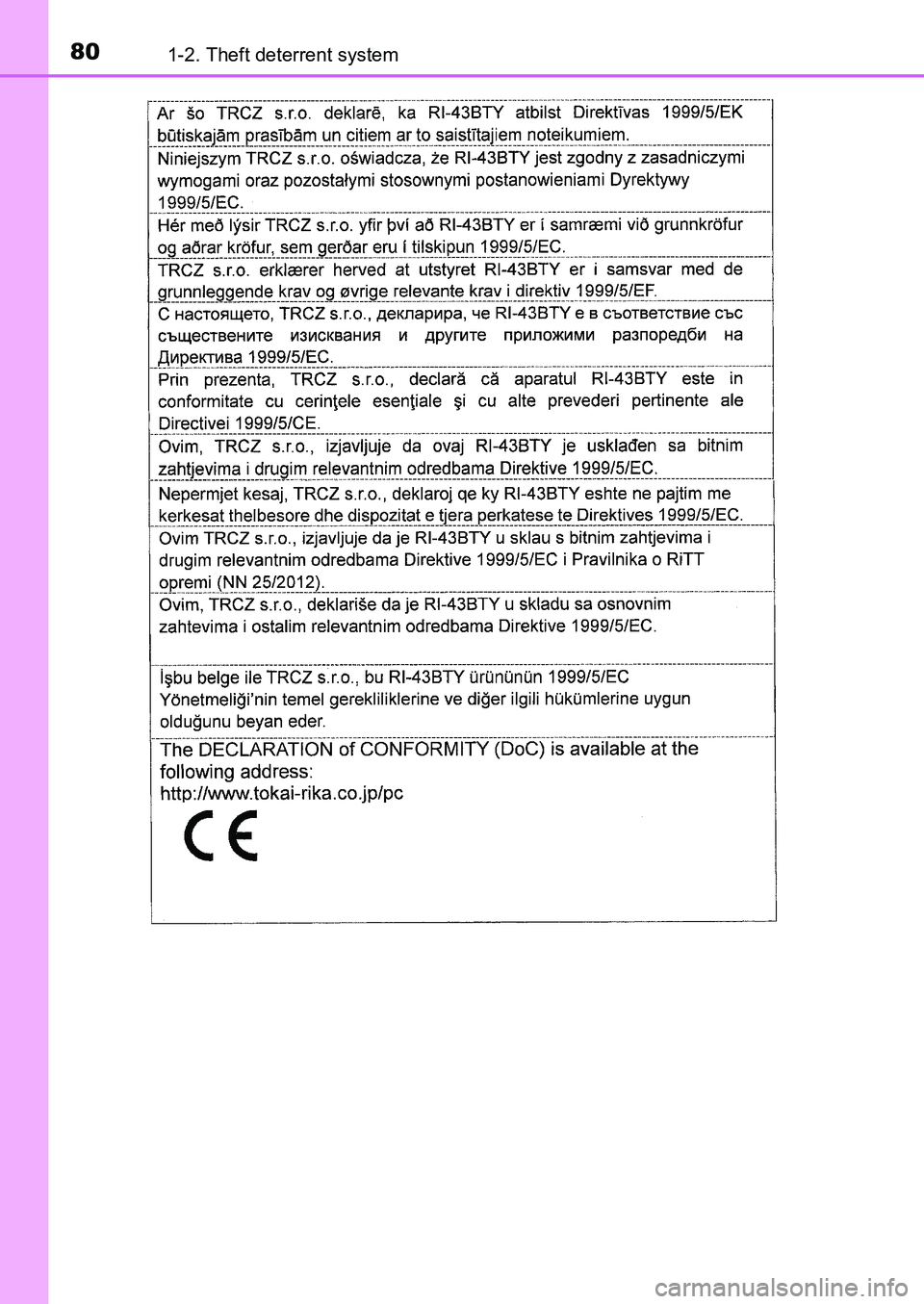 TOYOTA AURIS 2017 (in English) Manual PDF 801-2. Theft deterrent system
UK AURIS_HB_EE (OM12K97E)
UK AURIS_HB_OM_Europe_OM12K97E.book 80 ページ 2016年6月27日 月曜日 午後5時42分 TOYOTA AURIS 2017 (in English) Manual PDF 801-2. Theft deterrent system
UK AURIS_HB_EE (OM12K97E)
UK AURIS_HB_OM_Europe_OM12K97E.book 80 ページ 2016年6月27日 月曜日 午後5時42分