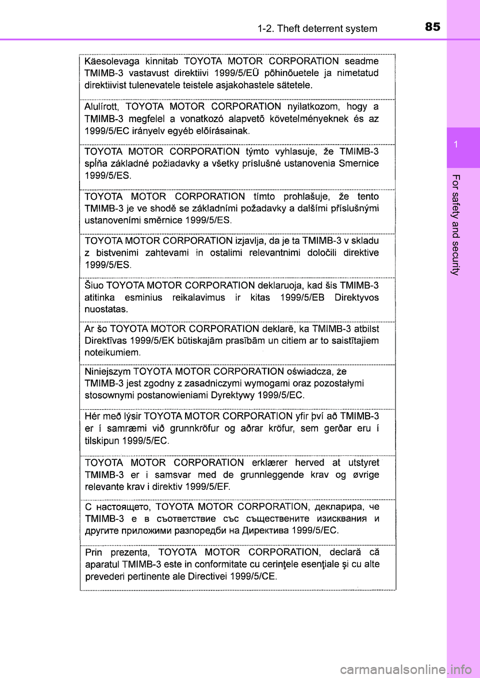 TOYOTA AURIS 2017   (in English) Manual Online 851-2. Theft deterrent system
1
For safety and security
UK AURIS_HB_EE  (OM12K97E)
UK AURIS_HB_OM_Europe_OM12K97E.book  85 ページ  ２０１６年６月２７日　月曜日　午後５時４２分