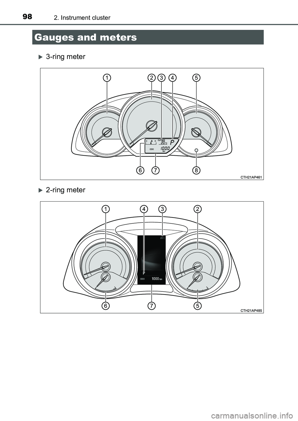 TOYOTA AURIS 2017 Owners Manual (in English) 982. Instrument cluster
UK AURIS_HB_EE (OM12K97E)
3-ring meter
2-ring meter
Gauges and meters
UK AURIS_HB_OM_Europe_OM12K97E.book 98 ページ 2016年6月27日 月曜日 午 TOYOTA AURIS 2017 Owners Manual (in English) 982. Instrument cluster
UK AURIS_HB_EE (OM12K97E)
3-ring meter
2-ring meter
Gauges and meters
UK AURIS_HB_OM_Europe_OM12K97E.book 98 ページ 2016年6月27日 月曜日 午